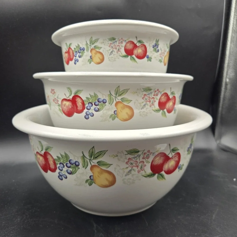 Corelle Country Cottagecore Nesting Bowls Set of Three‎ 1-2-3 Qt VTG Stoneware